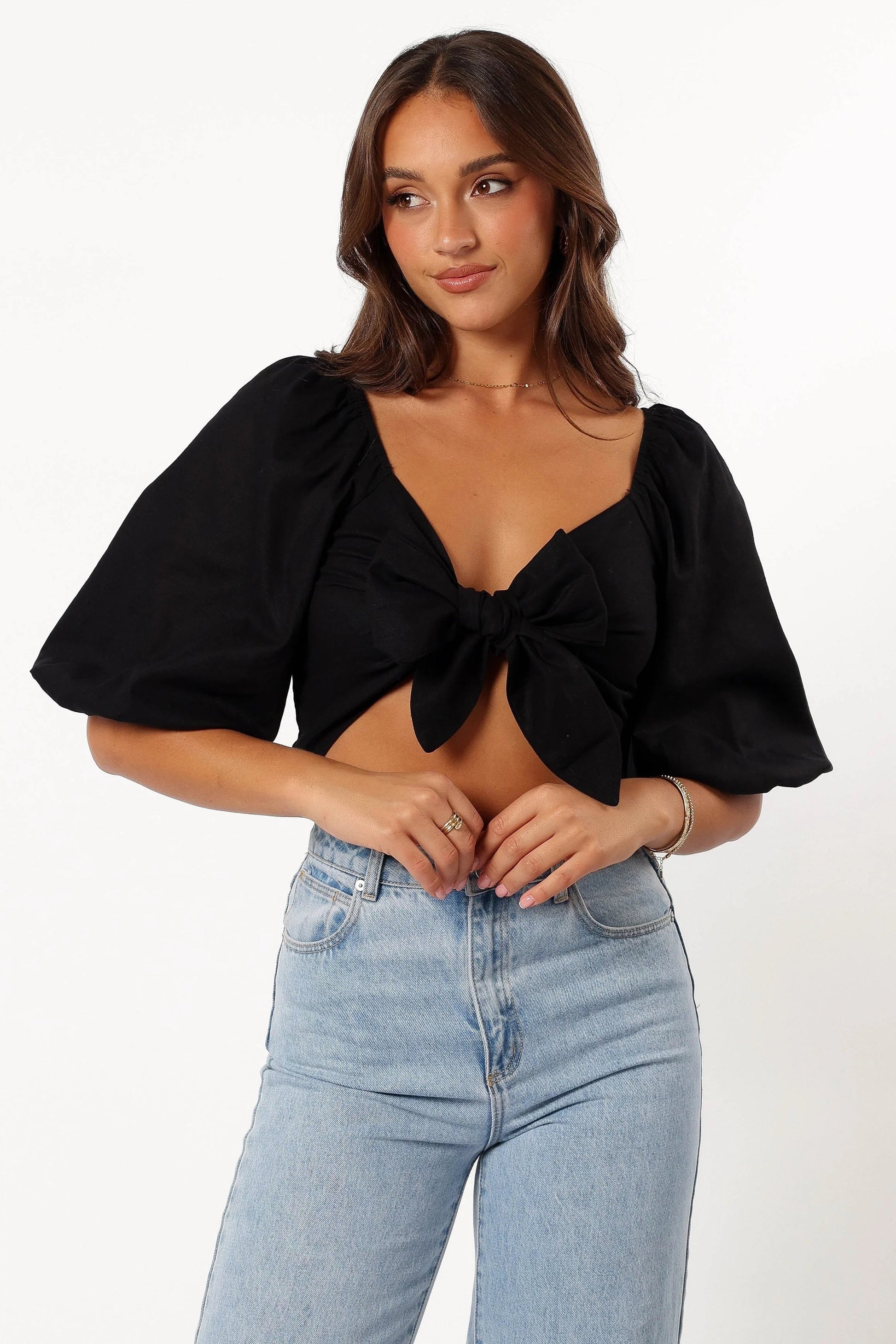 Celine Tie‑Front Crop Top – Black