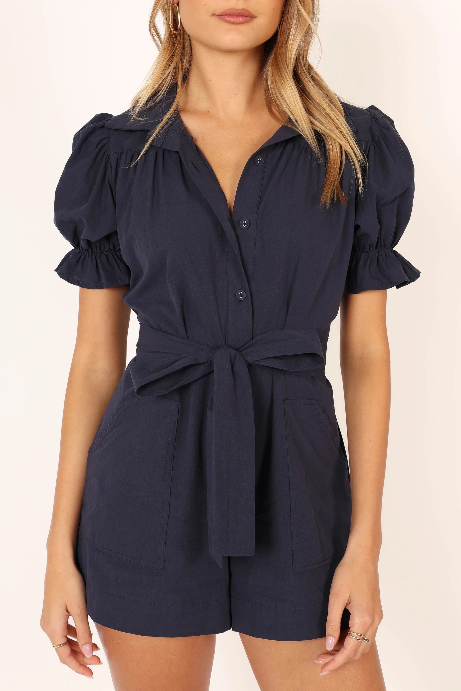Riley Ruffle Romper – Navy