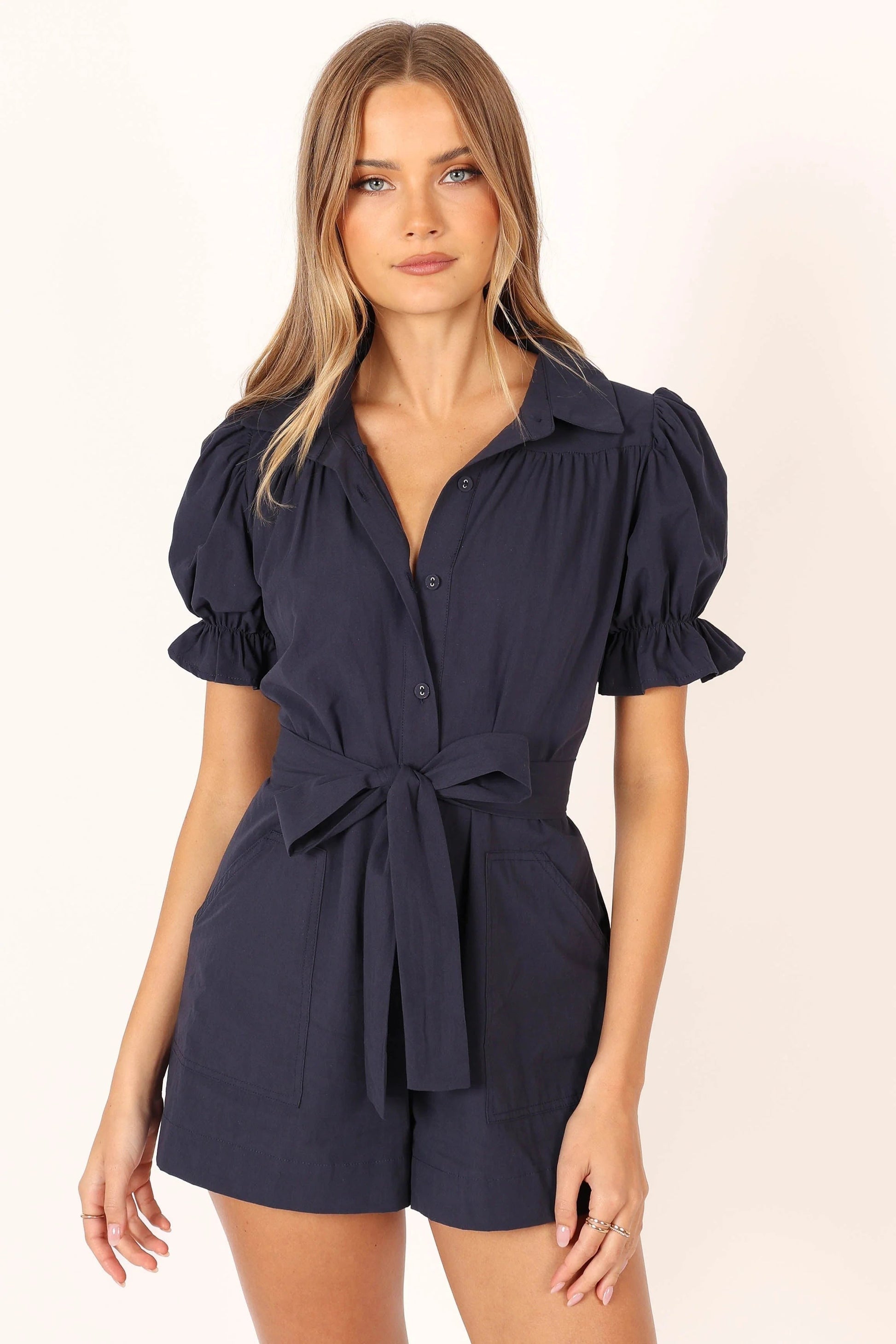 Riley Ruffle Romper – Navy